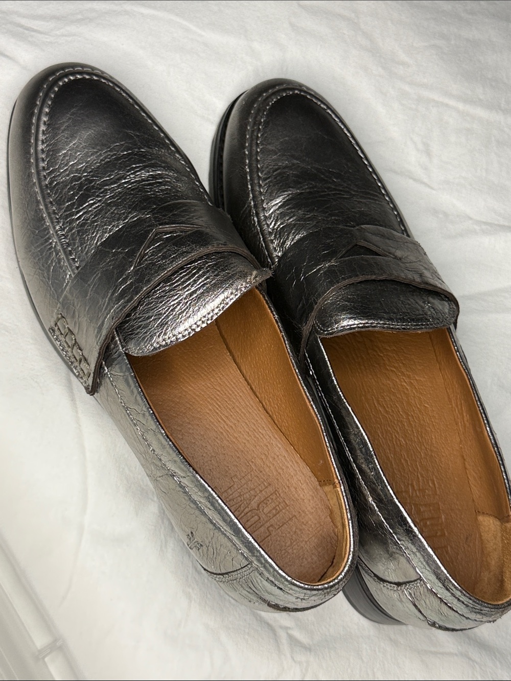 Frye Ivy Metallic Silver Leather Lug Sole Penny Loafers NWOT